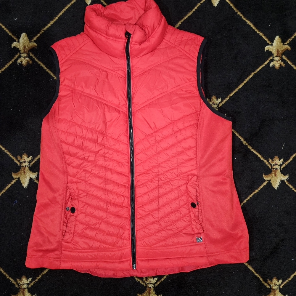 Michael Kors Woman's XL Puffer Vest Red Black Trim Zip Pockets
